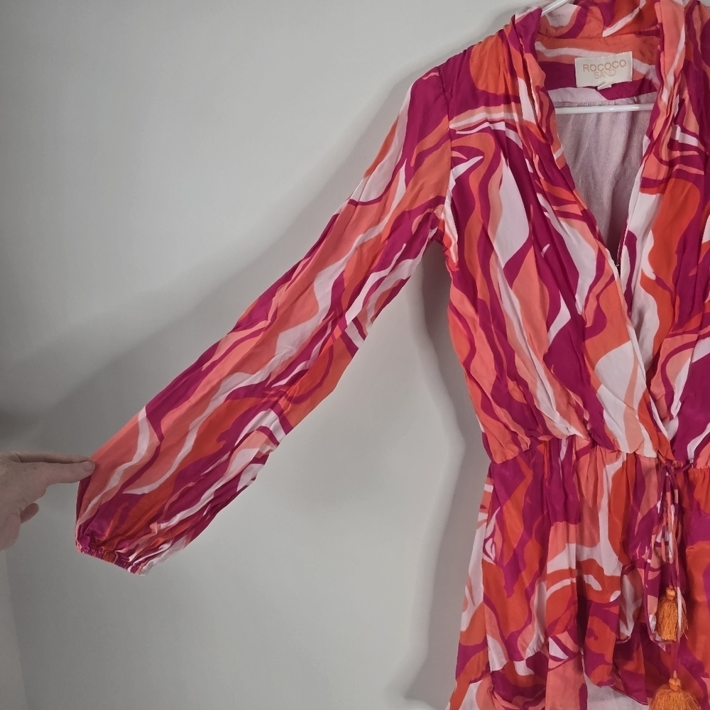 Rococo Sand Emily Mini Wrap Dress XS Tassels Ruffles Pink/Orange Swirl Print - Picture 5 of 16